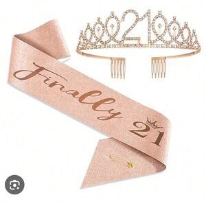 21st Birthday Tiara‎ Crown and Sash Rose Gold Rhinestone Finally 21 Set New
